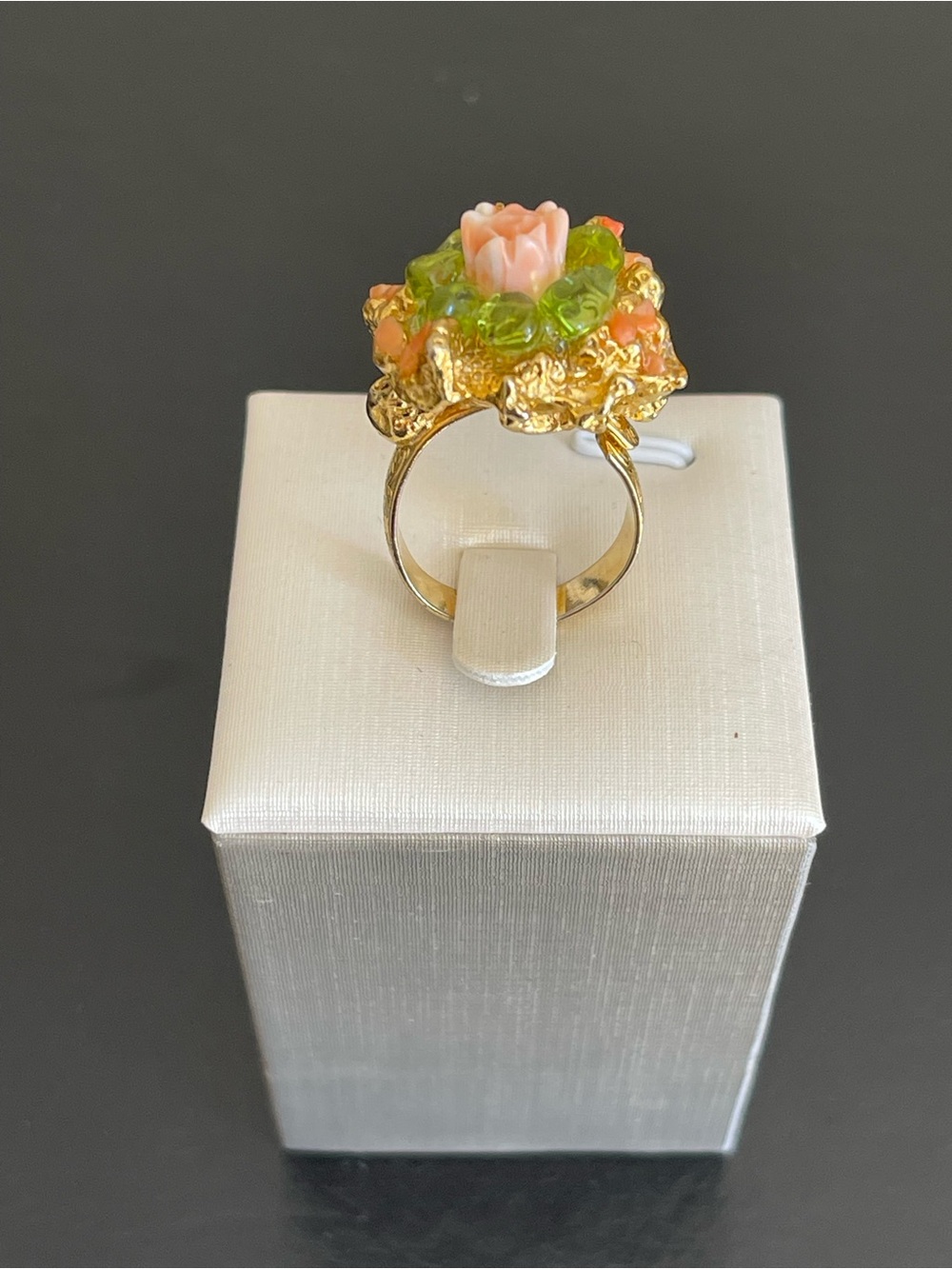 Vintage Gold-Tone carved pink coral ring.